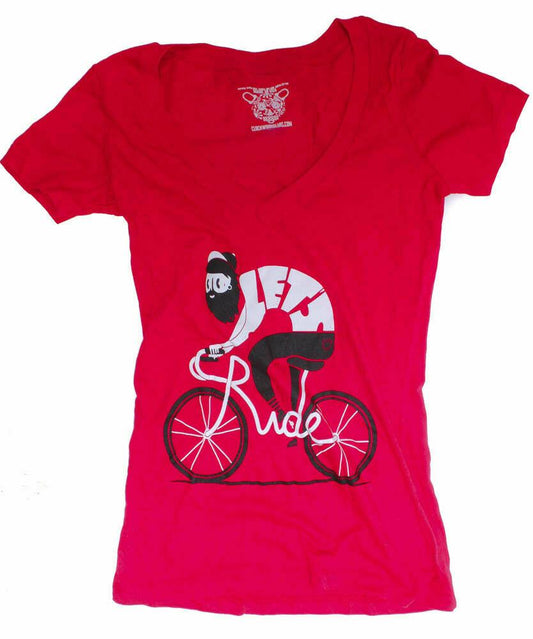 CLOCKWORK GEARS LET'S RIDE Women's Lg T-Shirt Short Sleeve Red V-Neck Cotton NEW - Random Bike Parts