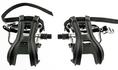 Flat Platform Bike Pedals 9/16" With Med Toe Clips + Straps Black Alloy NEW - Random Bike Parts