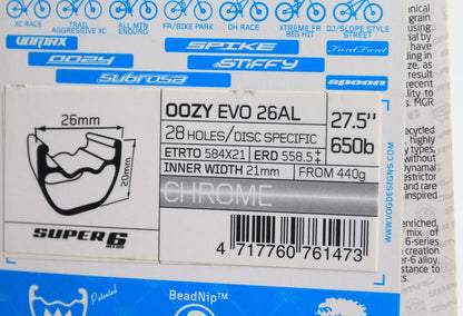 Spank Oozy Evo 26AL 28 Hole 27.5" 650b Mountain Bike Wheel Rim Silver 440g New