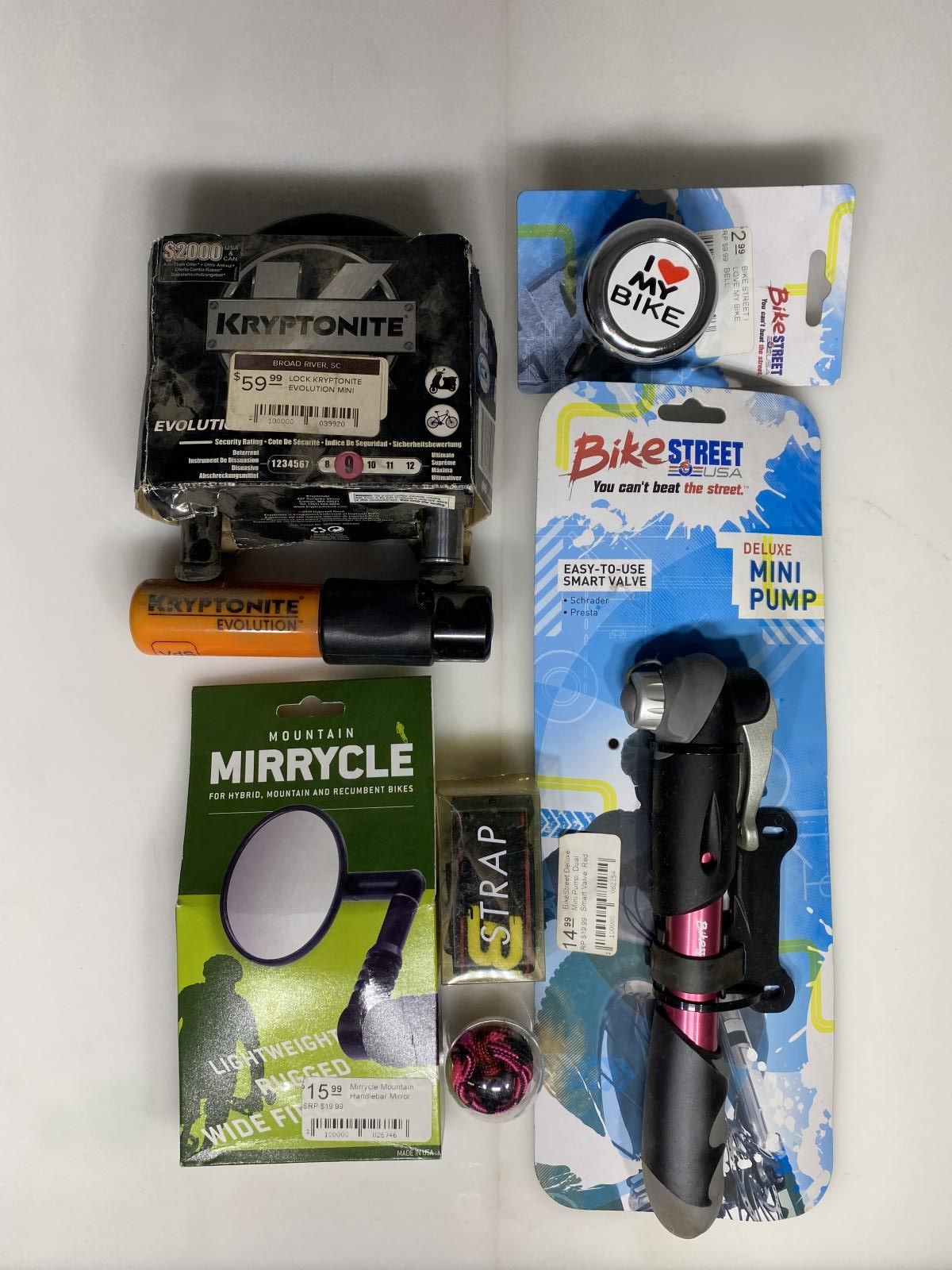 Lot of Bike parts Kit/ Pump, Kryptonite Evolution Mini Lock , Mirror Bell Straps