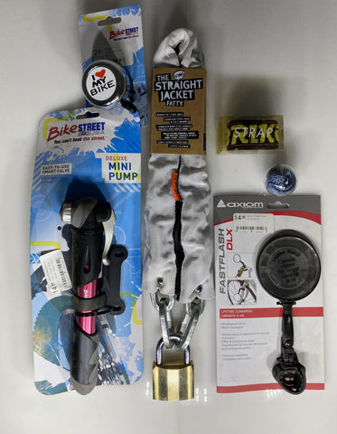 Lot of Cycling Accessory Kit/ Pump, Bike Lock, Mirror, Bell, and Straps: New