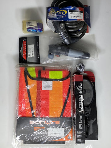 Lot of Cycling Accessory Kit/ Pump, Bike Lock, Mirror, Vest, and Straps Kit 7