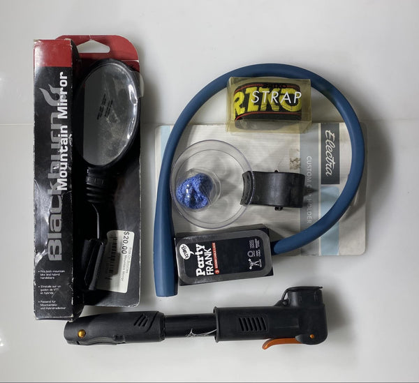 Lot of Bike Cycling Accessory Kit/ Pump, Lock, Mirror, Cup Holder, and Straps