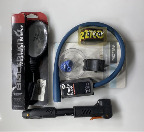 Lot of Bike Cycling Accessory Kit/ Pump, Lock, Mirror, Cup Holder, and Straps