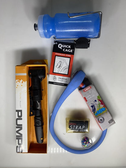 Lot of Cycling Accessory Kit/ Pump, Bike Lock, Water Bottle Cage, Straps: Kit 12
