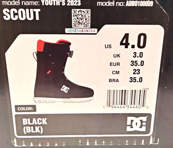 DC 2023 Scout Snowboard Boots, KIDS Youth Size 4.0, EUR 35 Black New IN BOX